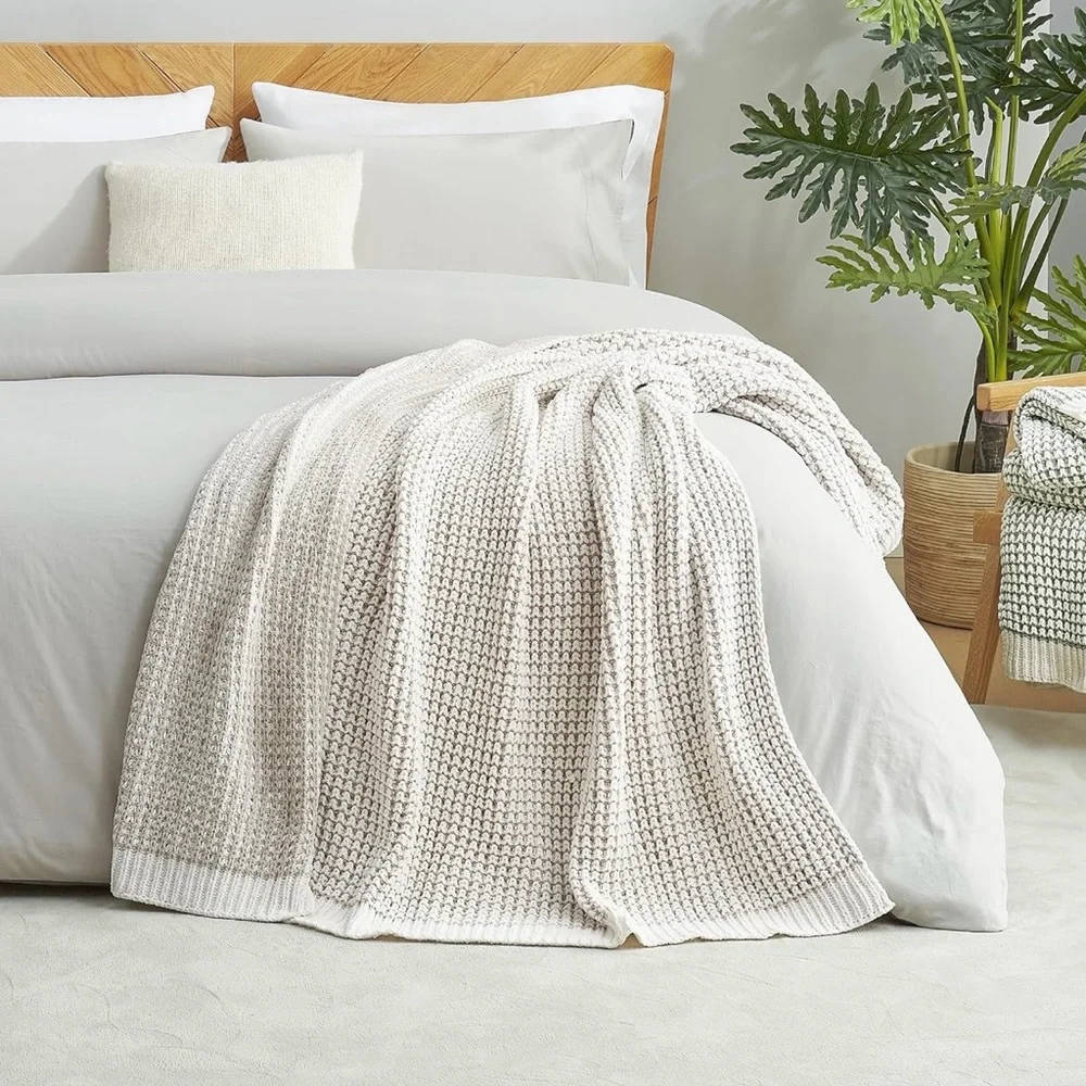 NEW West Elm Beige Woven Waffle Knit Cotton Boho Cozy Throw Blanket - 60